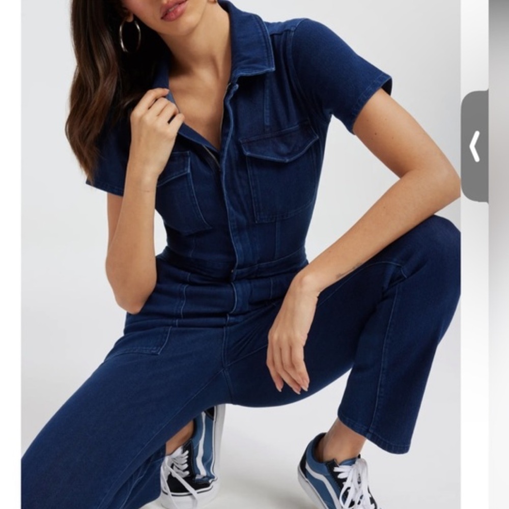 New Never Worn-Good American Dark Blue Short Sleeve Denim Jumpsuit -Size Chart